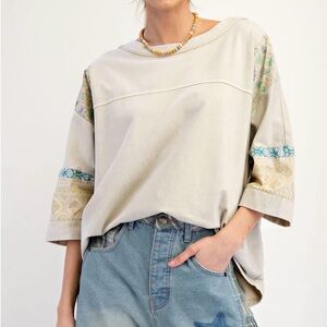 Easel Women’s White Top with Pastel Floral Sleeves